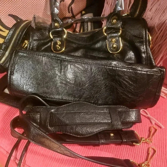 Black Vegan Leather Moto City Satchel Bag with Tassels Removable Strap - Picture 4 of 15